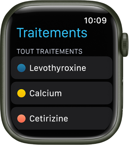 L’app Traitements montrant une liste de tous les traitements.