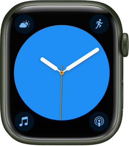 Cadran Couleur, sur lequel vous pouvez modifier la couleur du cadran. Il affiche quatre complications : « Conditions météo » en haut à gauche, Exercice en haut à droite, Musique en bas à gauche et Podcasts en bas à droite.