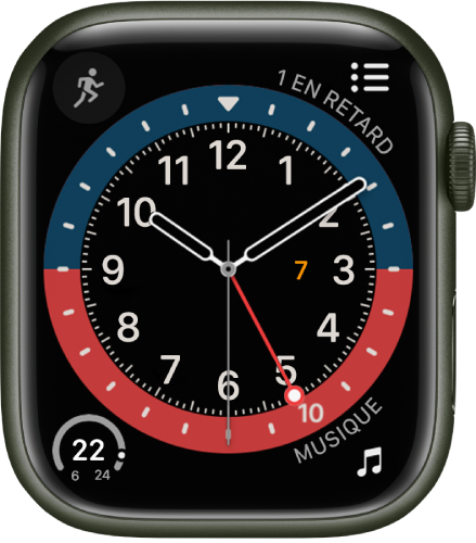 Cadran GMT, sur lequel vous pouvez ajuster la couleur. Il affiche quatre complications : Exercice en haut à gauche, Rappels en haut à droite, Température en bas à gauche et Musique en bas à droite.
