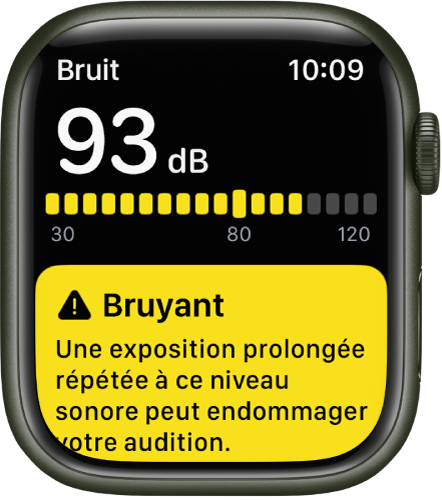 Une notification Bruit à propos d’un niveau sonore de 93 dB. Un avertissement au sujet d’une exposition à long terme à ce son s’affiche en dessous.