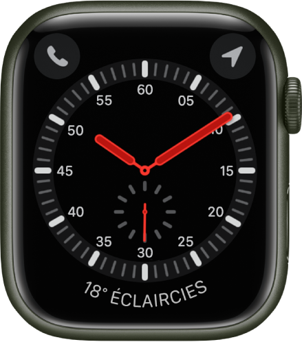 Le cadran Exploration représente une montre analogique. Il affiche trois complications : Téléphone en haut à gauche, Boussole en haut à droite et Météo en bas.