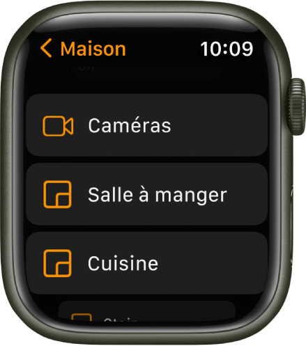 L’app Maison affichant une liste de pièces qui inclut des caméras et deux pièces.