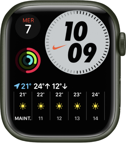 Le cadran « Nike Compact », avec le jour et la date en haut à gauche, l’heure en haut à droite, la complication Activité au milieu à gauche et la complication Météo affichant la température actuelle.