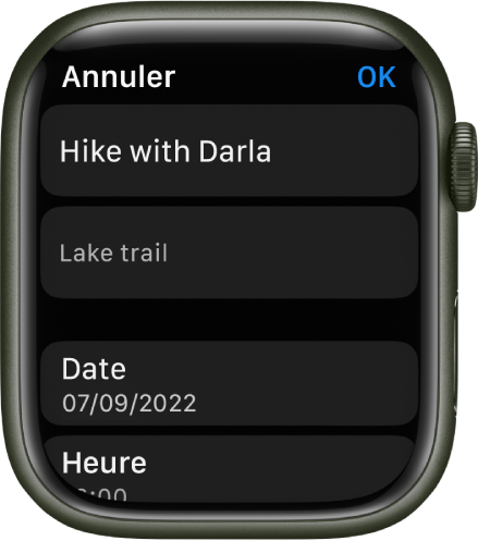L’écran Modifier de l’app Rappels sur l’Apple Watch. Le nom du rappel est affiché en haut, avec une description en dessous. En bas de l’écran se trouvent la date et l’heure auxquelles le rappel doit s’afficher. Un bouton OK se trouve en haut à droite.