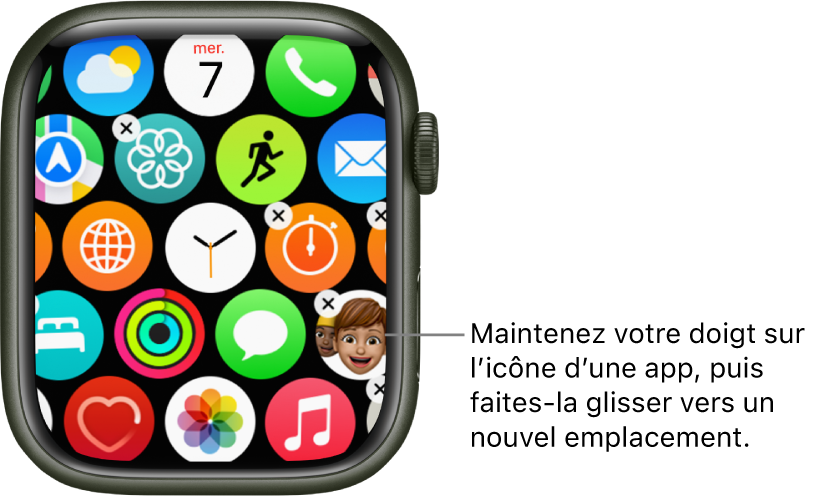 Écran d’accueil en présentation en grille sur l’Apple Watch.