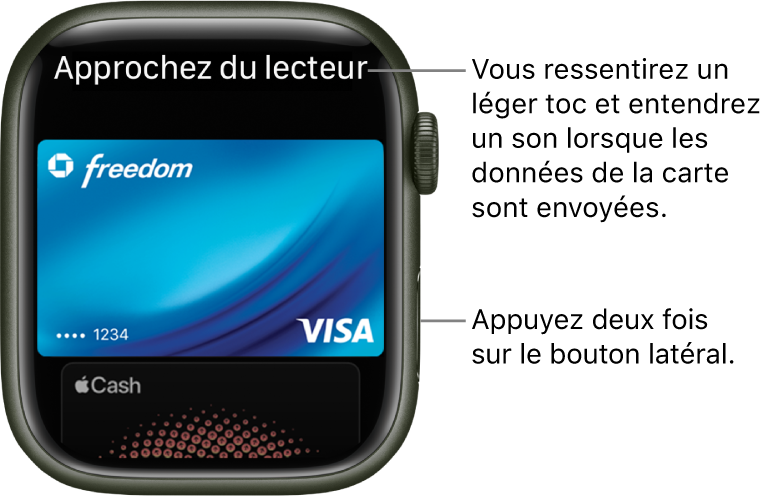 Écran Apple Pay avec « Approcher du lecteur pour payer » en haut. Vous ressentez un léger toc et entendez un son lorsque les données de la carte ont été envoyées.