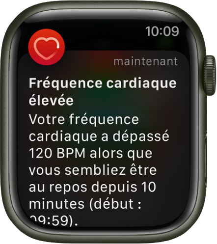 L’écran « Fréquence cardiaque élevée » affichant une notification mentionnant que votre fréquence cardiaque a dépassé 120 bpm pendant une période d’inactivité de 10 minutes.