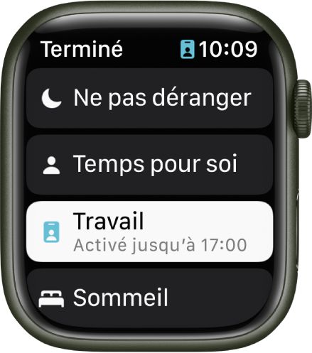 La liste des modes de concentration contient « Ne pas déranger », « Temps pour soi », Travail et Repos. Le mode de concentration Travail est activé.