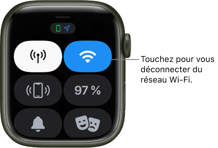 Le Centre de contrôle sur l’Apple Watch (GPS + Cellular), avec le bouton Wi-Fi dans le coin supérieur droit. La légende indique « Touchez pour vous déconnecter du Wi-Fi ».