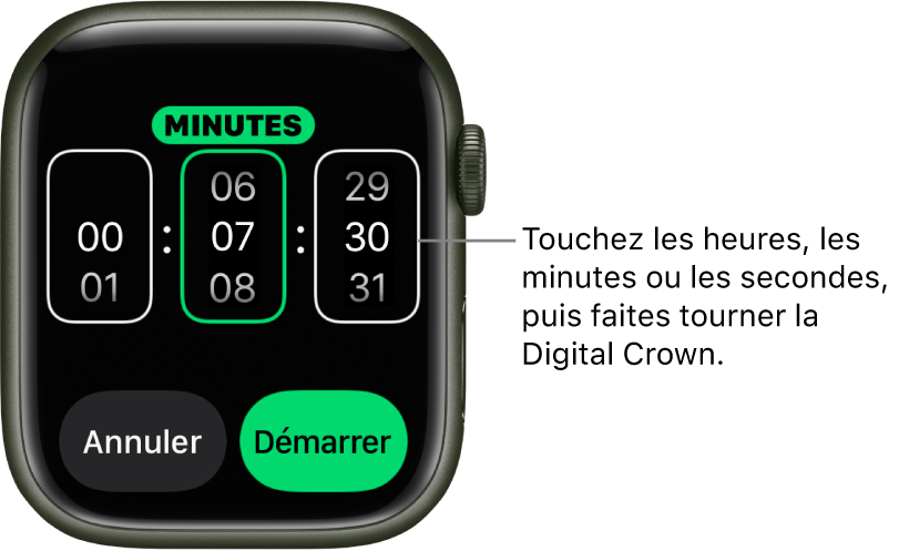 Réglages de création d’un minuteur personnalisé, avec les heures à gauche, les minutes au centre et les secondes à droite. Les boutons Démarrer et Annuler se trouvent en dessous.