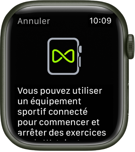Un écran de jumelage s’affiche lorsque vous jumelez votre Apple Watch avec un équipement sportif.