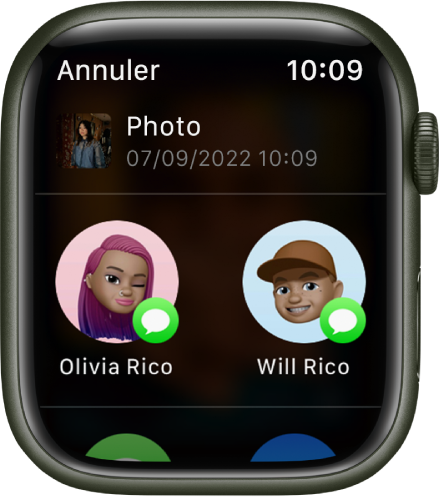 L’écran Partage de l’app Photos. Une photo partagée se trouve en haut de l’écran, avec deux destinataires potentiels en bas.