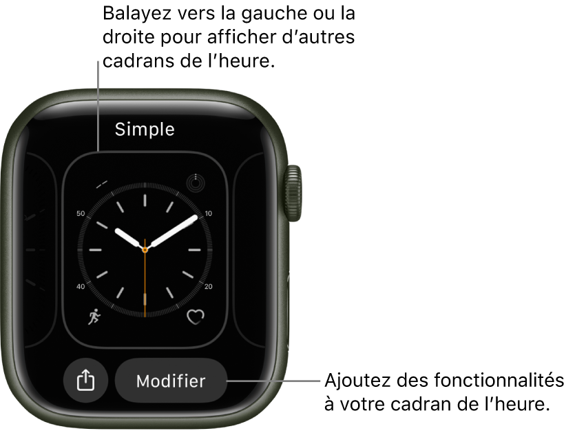 Si vous maintenez votre doigt sur l’écran, le cadran actuel s’affiche avec les boutons Partager et Modifier en bas. Le nom du cadran figure en haut de l’écran. Balayez vers la droite ou la gauche pour afficher d’autres options de cadrans indiquant l’heure. Touchez une complication pour ajouter les fonctionnalités de votre choix.