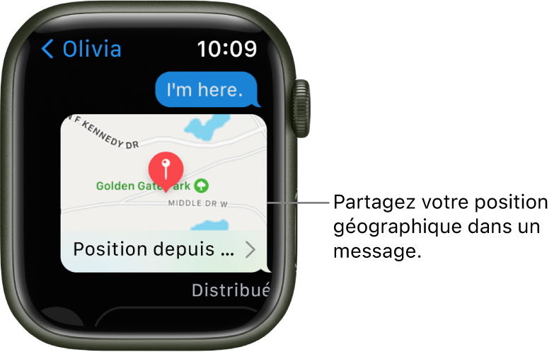 Écran Messages affichant un plan de la position géographique de l’expéditeur.