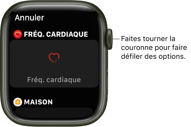 L’écran de personnalisation pour un cadran avec la complication « Fréquence cardiaque » mise en évidence. Faites tourner la Digital Crown pour voir des complications.