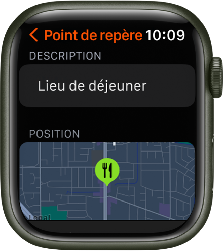 L’app Boussole affichant un écran de modification de point de repère. Le champ Description se trouve en haut. La zone Position se trouve en dessous et indique la position du point de repère sur un plan. Le symbole de repas a été appliqué au point de repère.