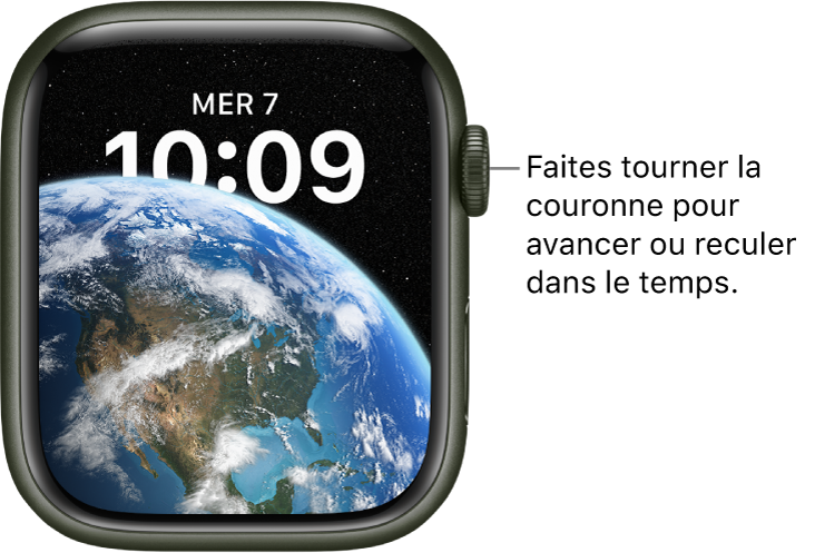 Cadran Astronomie, qui montre le jour, la date et l’heure. Une complication de minuteur se trouve en bas. Faites tourner la Digital Crown pour avancer ou reculer dans le temps.