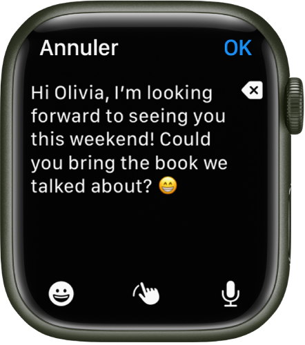 L’app Mail affichant un écran permettant de rédiger un e-mail. Le corps du texte se trouve en haut de l’écran, avec un bouton Supprimer sur la droite. Les boutons Emoji, Griffonner et Dictée figurent en bas. Un bouton OK se trouve en haut à droite.