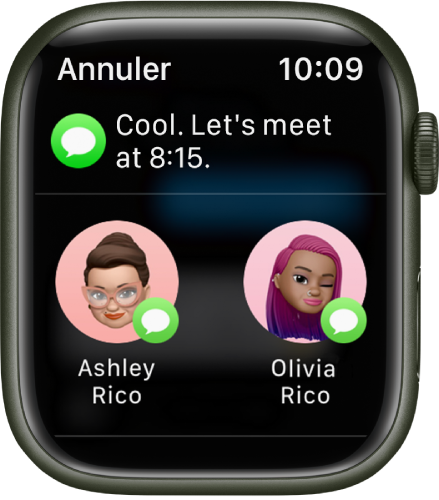 L’écran Partage dans l’app Messages affichant un message ainsi que deux contacts.