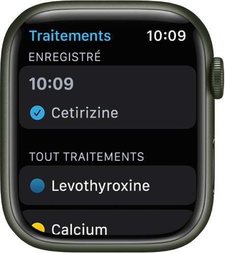 L’app Traitements montrant les traitements enregistrés.