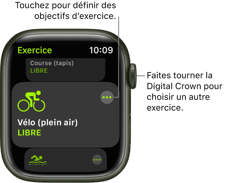 L’écran Exercice avec l’exercice « Vélo (plein air) » mis en évidence. Un bouton Plus se trouve en haut à droite de la vignette d’exercice. Une partie de l’exercice « Course (tapis) » se trouve au-dessus. Une partie de l’exercice « Nage (extérieur) » se trouve en dessous.