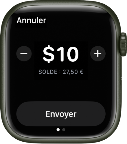 Un écran de Messages montrant la préparation d’un paiement à l’aide d’Apple Cash. Un montant en dollars se trouve en haut. Le solde actuel est en dessous, et le bouton Envoyer se trouve en bas.