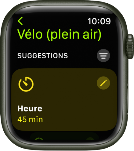 L’app Exercice affichant un écran pour la modification d’un exercice « Vélo (plein air) ». La vignette Durée se trouve au centre, avec un bouton Modifier en haut à droite de celle-ci. La durée actuelle est réglée sur 45 minutes.