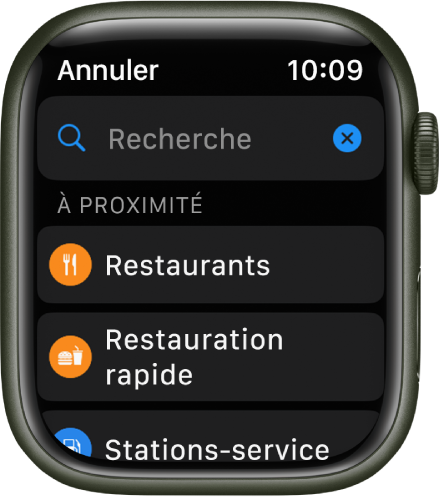 L’écran Rechercher de l’app Plans, avec le champ Rechercher affiché vers le haut. Sous « À proximité » figurent des boutons pour des centres de vaccination contre la COVID-19, des restaurants et des fast-foods.