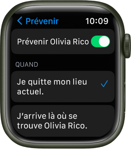 L’écran Prévenir dans l’app Localiser personnes. « Lorsque je quitte mon lieu » est sélectionné.