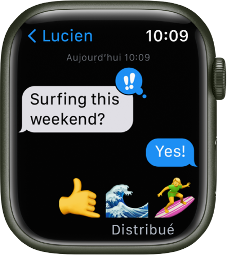 Apple Watch montrant une conversation dans l’app Messages.