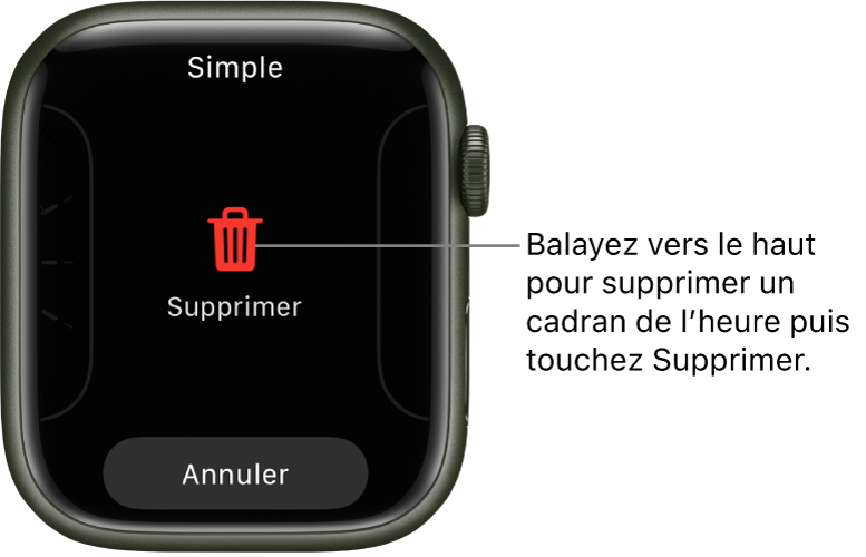 Écran de l’Apple Watch montrant les boutons Supprimer et Annuler, qui apparaissent lorsque vous atteignez un cadran puis le balayez vers le haut pour le supprimer.