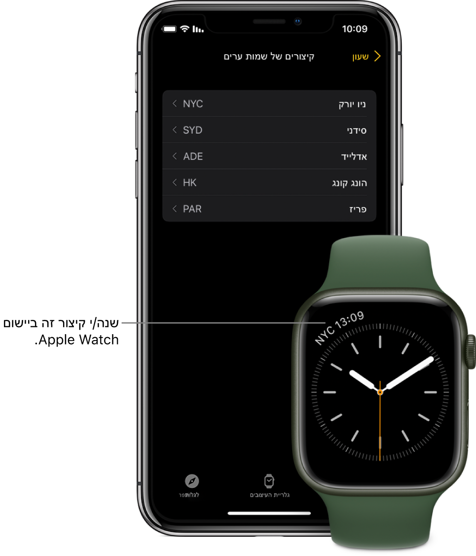 iPhone ו‑Apple Watch, זה לצד זה. מסך של Apple Watch עם תצוגת השעה בעיר ניו יורק, שמופיעה תחת הקיצור NYC. מסך ה‑iPhone מציג את רשימת הערים בהגדרות ״קיצורי ערים״ בהגדרות ״שעון״ ביישום Apple Watch.