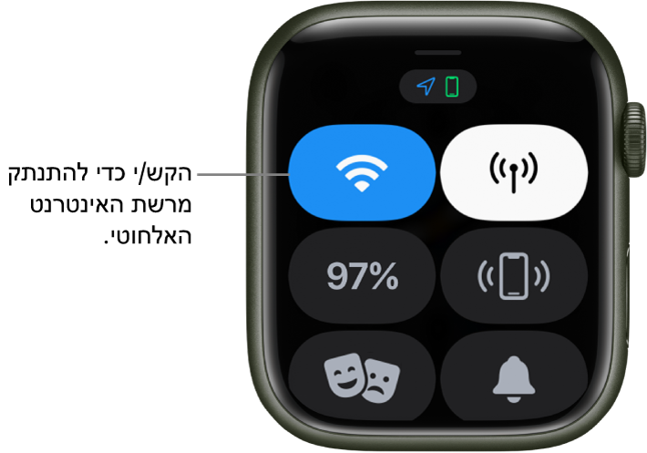 ״מרכז הבקרה״ ב‑Apple Watch (‏GPS + סלולרי), עם כפתור הרשת האלחוטית בפינה השמאלית העליונה. הסבר עם מלל שמורה ״הקש/י כדי להתנתק מהרשת האלחוטית״.
