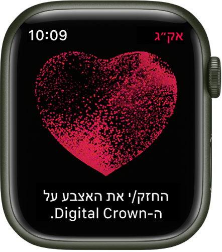 היישום אק״ג שבו מופיעה תמונה של לב עם הכיתוב ״יש להחזיק את האצבע על ה-Crown״.