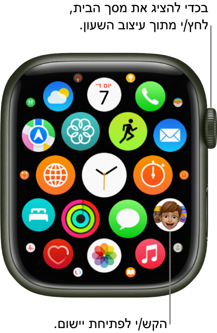 מסך הבית בתצוגת רשת ב-Apple Watch, עם יישומים מקובצים באשכול. הקש/י על יישום כדי לפתוח אותו. גרור/י להצגת יישומים נוספים.
