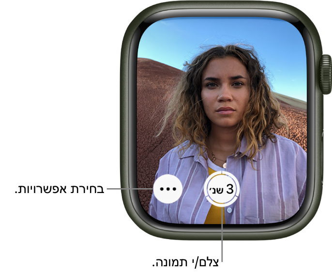 בזמן שה‑Apple Watch משמש כמצלמה בשלט רחוק, המסך שלו משקף את מה שנקלט בעינית המצלמה של ה‑iPhone. הכפתור ״צלם/י״ למטה במרכז והכפתור ״עוד אפשרויות״ לצידו. אם צילמת תמונה, הכפתור ״מציג תמונות״ יופיע משמאל למטה.