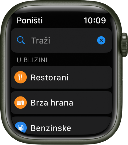 Zaslon pretraživanja aplikacije Karte s prikazom polja za pretraživanje pri vrhu. Pod opcijom U blizini nalaze se tipke cjepiva protiv bolesti COVID-19, restorane i brzu hranu.