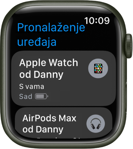 Aplikacija Pronalaženje uređaja s prikazom dvaju uređaja – Apple Watch i AirPods.