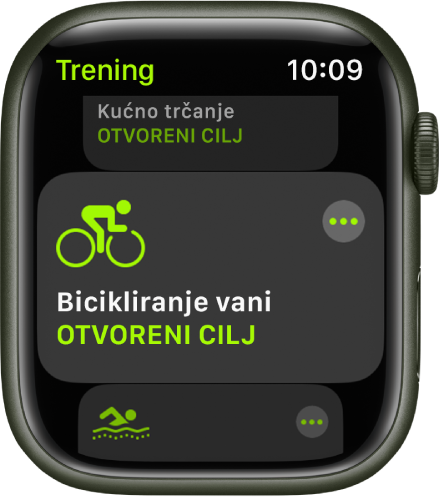 Zaslon Treninga s istaknutim treningom bicikliranja na otvorenom.