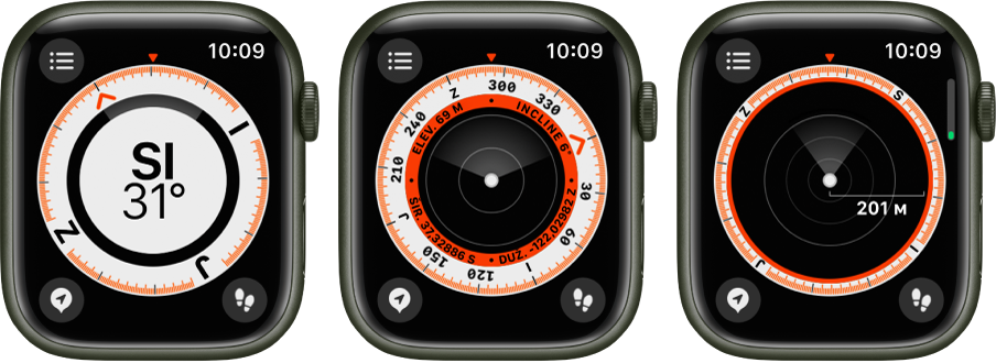 Aplikacija Kompas s prikazima koji se pojavljuju kada okrećete Digital Crown. Na prvoj slici prikazan je vaš smjer. Na drugoj slici prikazani su vaša nadmorska visina, nagib i koordinate u unutarnjem kolutu. Na trećem zaslonu prikazane su putne točke. Na svakom zaslonu prikazana je tipka Detalji u gornjem lijevom kutu, tipka Putne točke na dnu lijevo i tipka Povratak na dnu desno.