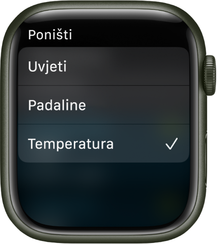Aplikacija Vrijeme prikazuje tri izbora u popisu – uvjeti, padaline i temperatura.