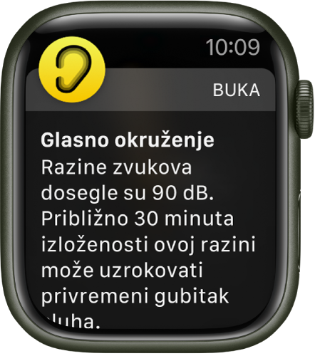 Apple Watch na kojem je prikazana obavijest o buci. Ikona za aplikaciju povezanu s obavijesti prikazuje se u gornjem lijevom kutu. Možete je dodirnuti za otvaranje aplikacije.