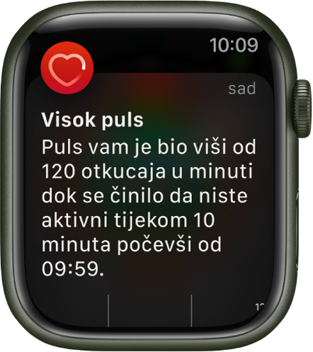 Zaslon Visokog pulsa s obavijesti da se vaš puls podignuo iznad 120 otkucaja u minuti kad niste bili aktivni 10 minuta.