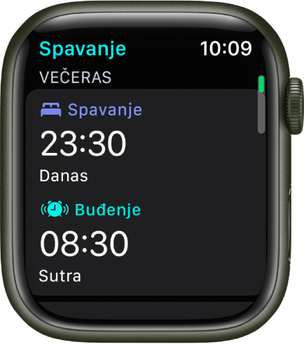 Aplikacija Spavanje na Apple Watchu s prikazom večernjeg rasporeda spavanja. Spavanje se pojavljuje na vrhu, a Vrijeme buđenja odmah ispod.