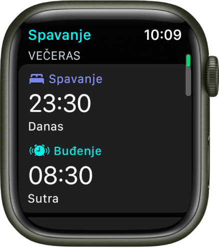 Zaslon Spavanje s prikazom rasporeda spavanja.