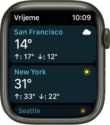 Aplikacija Vrijeme prikazuje detalje o vremenu za dva grada u popisu.