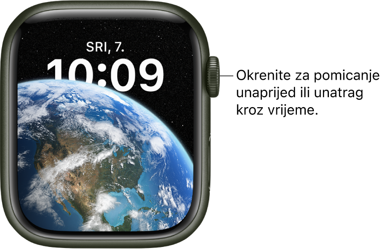 Astronomski brojčanik sata koji prikazuje dan, datum i trenutačno vrijeme. Dodatak brojača nalazi se na dnu. Okrenite Digital Crown za putovanje unaprijed ili unatrag kroz vrijeme.