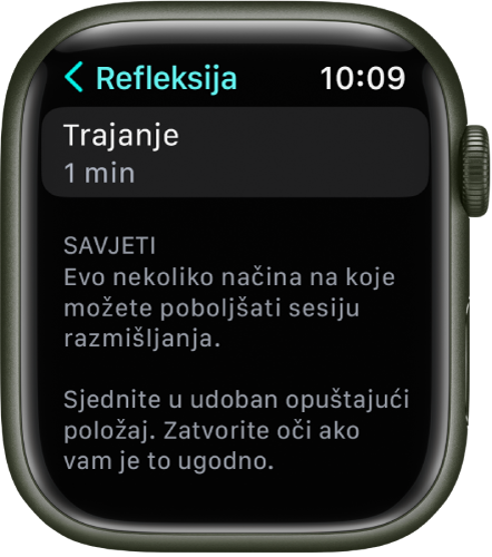 Zaslon aplikacije Svjesnost s prikazom trajanja od jedne minute pri vrhu. Ispod se nalaze savjeti za poboljšanje sesije refleksije.