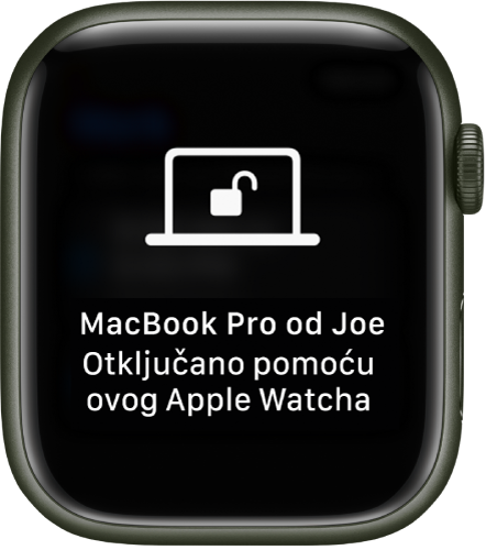 Apple Watch prikazuje poruku “Ovaj Apple Watch otključao je Joeov MacBook Pro”.
