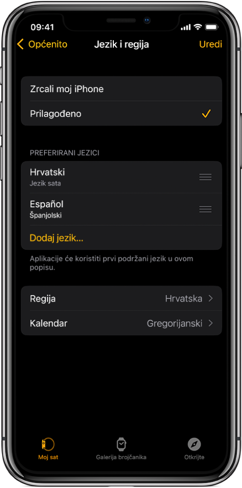 Zaslon jezika i regije unutar aplikacije Apple Watch s prikazanim engleskim i španjolskim jezikom pod Preferirani jezici.